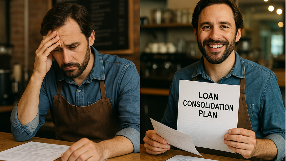 Small business owner reviewing business loan consolidation plan at desk