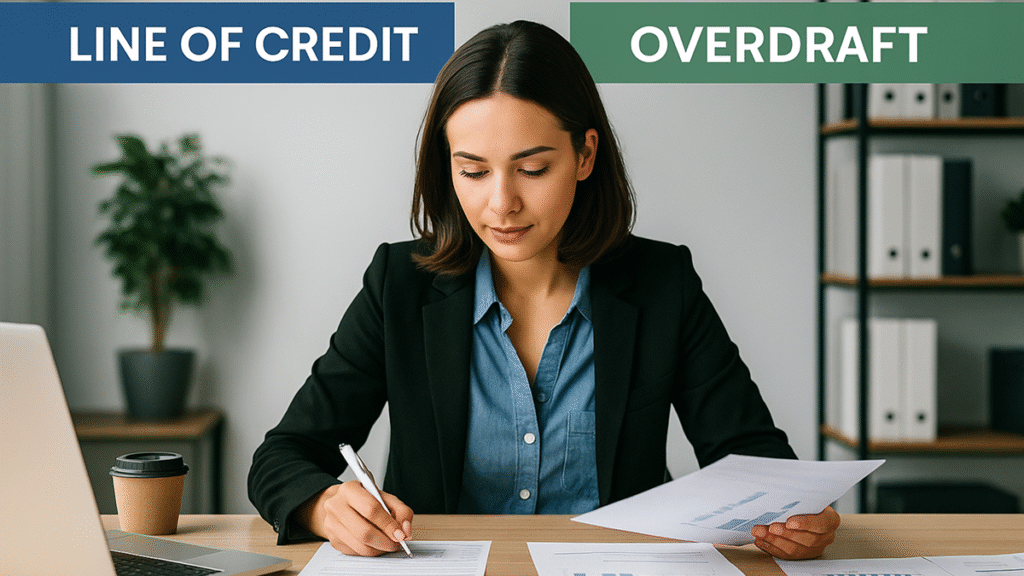 Small business owner comparing documents on line of credit vs overdraft